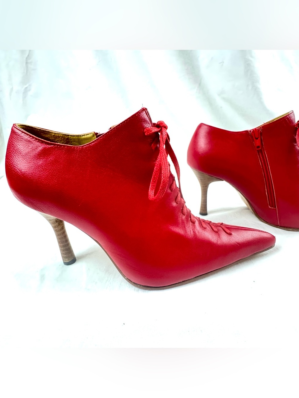 Italian Red Leather Lace-Up Pointed-Toe Heels